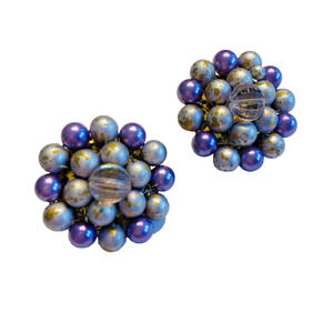 Vintage Mid Century Purple Lavender Beaded Clip On Earrings Clusters Gold Japan